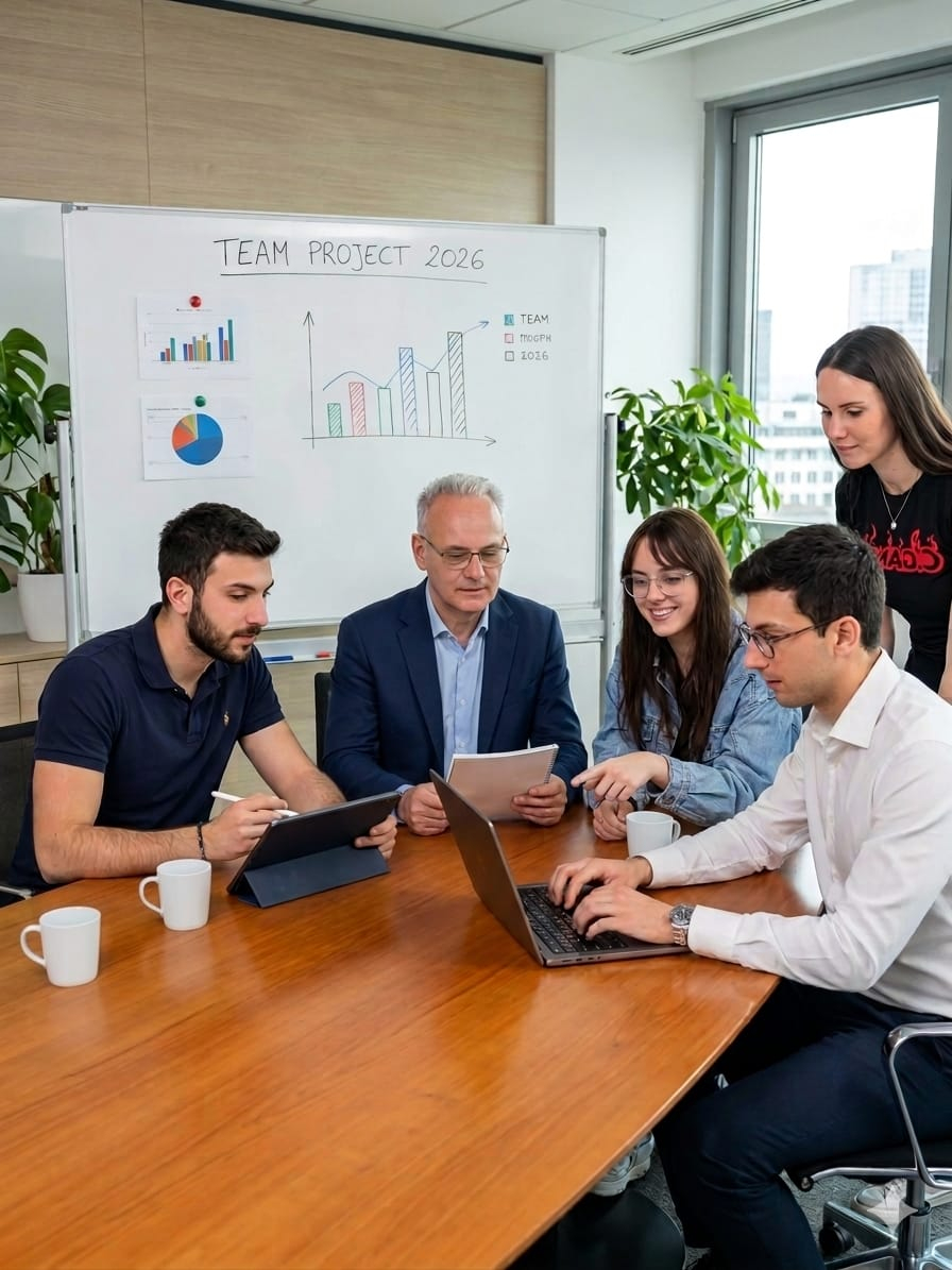 Il team di BMB Srl davanti all'officina di carpenteria