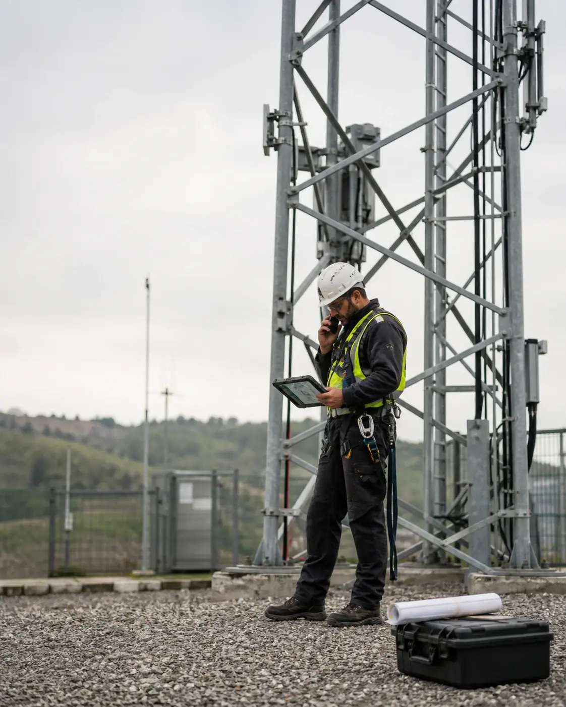 Tecnico BMB al telefono durante un sopralluogo presso un traliccio per telecomunicazioni